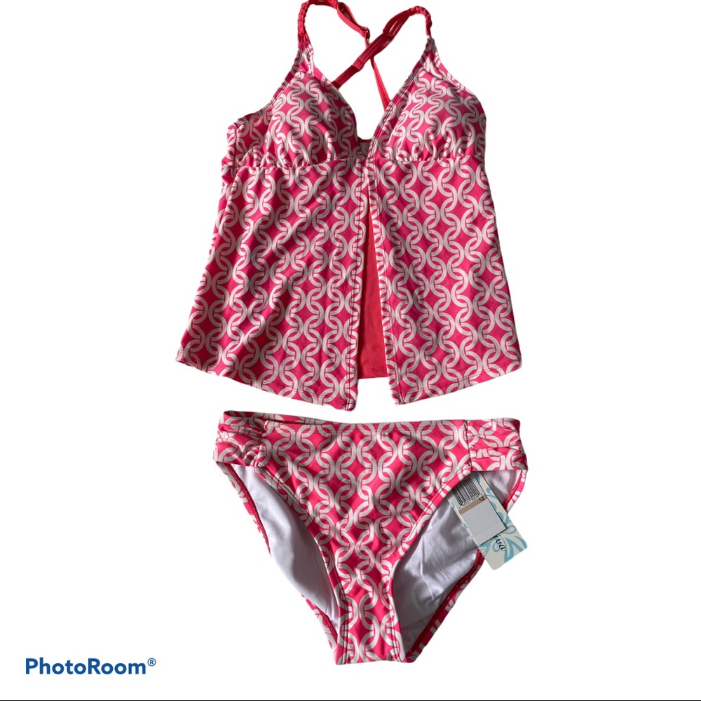 🆕Size 12 Women’s Coral & White Tankini Swimsuit Swim Wear